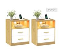 VASAGLE CUSTOS Collection - Lot de 2, Tables de Chevet avec Multiprise, LED, Tables d’Appoint avec Tiroirs, Compartiment Ouvert, 2 Prises CA, Ports USB, Couleur Chêne Naturel et Blanc Nuage LET829YD02