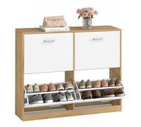 VASAGLE Custos Collection - Meuble à Chaussures, Étagère à Chaussures, Séparateur Réglable, 4 Portes Battantes, pour 16 à 28 Paires de Chaussures, 24 x 105,5 x 82,7 cm, Doré Chêne LBC035YA01