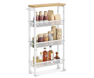 VASAGLE Desserte 4 Niveaux, Étagère de Cuisine Fin avec roulettes, Cadre en Acier, Poignée, Petit Espace, 13 x 45,4 x 77 cm, Salle de Bain, Salon, Bureau, Beige Chêne et Blanc LRC032W09