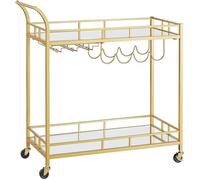 VASAGLE Desserte pour Boissons, Chariot à roulettes, Meuble de Cuisine, 2 Niveaux en Verre Réfléchissant, avec Porte-Bouteilles, Porte-Verres, pour Bar, Cuisine, Salle à Manger, Doré LRC090A03