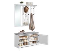 VASAGLE Ensemble Porte-Manteau avec Banc à Chaussures, Portant avec Miroir, 10 Crochets Doubles, Banc avec Étagère Réglable, Double Porte, Coussin Amovible, Largeur de 101 cm, Blanc Nuage LSC011WB01