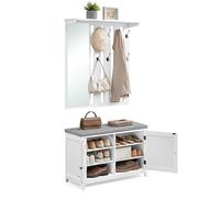 VASAGLE Ensemble Porte-Manteau avec Banc à Chaussures, Portant avec Miroir, 8 Crochets Doubles, Banc avec Étagère Réglable, Double Porte, Coussin Amovible, Largeur de 82 cm, Blanc Nuage LSC010W01