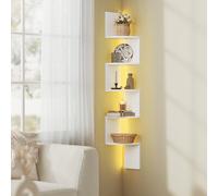 VASAGLE Étagère d’Angle Murale avec Éclairage LED, Bibliothèque Murale à 5 Niveaux, Étagère Flottante, pour Chambre, Salon, Salle de Bain, avec Bouton, Télécommande, Blanc Mat LBC630W01