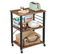VASAGLE Étagère de Cuisine à roulettes, Chariot à 3 Niveaux | Support pour Micro-Ondes, Cadre Métallique avec 6 Crochets, Industriel, Marron Rustique et Noir Mat, BARNET KKS60X