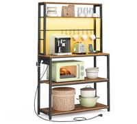 VASAGLE Étagère de Cuisine avec LED, Meuble de Cuisine avec Multiprise, Support pour Micro-Ondes avec Étagères Réglables, 8 Crochets, 40 x 80 x 168,4 cm, Marron Rustique et Noir d'encre KKS050KD01