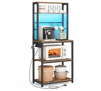VASAGLE Étagère de Cuisine avec LED, Meuble de Cuisine avec Multiprise, Support pour Micro-Ondes avec Étagères Réglables, 8 Crochets, 40 x 60 x 168,4 cm, Marron Rustique et Noir d'encre KKS049KD01
