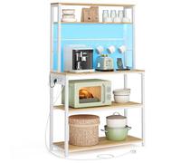 VASAGLE Étagère de Cuisine avec LED, Meuble de Cuisine avec Multiprise, Support pour Micro-Ondes avec Étagères Réglables, 8 Crochets, 40 x 80 x 168,4 cm, Doré Chêne et Blanc Mat KKS050YA01