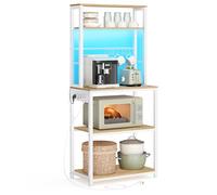 VASAGLE Étagère de Cuisine avec LED, Meuble de Cuisine avec Multiprise, Support pour Micro-Ondes avec Étagères Réglables, 8 Crochets, 40 x 60 x 168,4 cm, Doré Chêne et Blanc Mat KKS049YA01
