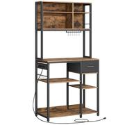 VASAGLE Étagère de Cuisine avec Multiprise, Bar à Café avec Étagères Réglables, Tiroir en Tissu, 12 Crochets, 40 x 80 x 180,4 cm, Support pour Micro-Ondes, Marron Rustique et Noir d’Encre KKS015K03