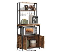 VASAGLE Étagère de Cuisine avec Multiprise, Bar à Café avec Plan de Travail de 90 cm de Hauteur, Support pour Micro-Ondes avec 8 Crochets, 40 x 60 x 170 cm, Marron Rustique et Noir d'encre KKS058K02