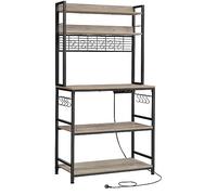 VASAGLE Étagère de Cuisine avec Multiprise, Support pour Micro-Ondes, Étagère de Rangement, avec Panneau Grillagé, 14 Crochets, 40 x 80 x 170 cm, Grège et Noir KKS025B02EU