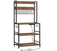 VASAGLE Étagère de Cuisine avec Multiprise, Support pour Micro-Ondes, Étagère de Rangement, avec Panneau Grillagé, 14 Crochets, 40 x 80 x 170 cm, Marron Rustique et Noir KKS025B01EU
