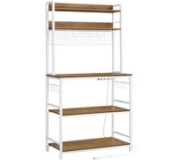 VASAGLE Étagère de Cuisine avec Multiprise, Support pour Micro-Ondes, Étagère de Rangement, avec Panneau Grillagé, 14 Crochets, 40 x 80 x 170 cm, Marron Rustique et Blanc KKS025W41EU