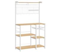 VASAGLE Étagère de Cuisine, Support pour Boulangerie, îlot de Cuisine avec Bande magnétique de Couteau, Panier en Fil, Support en Papier de Cuisine, 12 Crochets, chêne doré et Blanc KKS026Y09