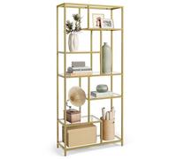 VASAGLE Étagère de Rangement, Bibliothèque, 6 Niveaux, Porte-Plantes, 30 x 80 x 180 cm, Verre Trempé, pour Bureau, Salon, Chambre, Cuisine, Doré Métallique LGT502A01
