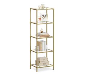 VASAGLE Étagère en Verre à 5 Niveaux, Bibliothèque, Étagère de Rangement, Verre Trempé, Facile à Monter, pour Salle de Bain, Salon, Chambre, Bureau, Doré LGT029A01