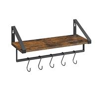 VASAGLE Étagère Murale avec Tringle, Tablette Suspendue 5 Crochets, Rangement Mur, Cuisine, Chambre, Entrée, Marron Rustique et Noir LWS420B01