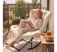 VASAGLE Fauteuil à Bascule, Fauteuil Cocooning, Structure en Acier, Repose-Pieds Extensible, Coussin Amovible, Supporte Jusqu’à 136 kg, pour Chambre, Salon, Terrasse, Jardin, Beige LYY062WZ01