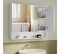 VASAGLE Kailyn Collection - Armoire de Salle de Bain avec Portes Miroir, Meuble de Rangement Mural, Compartiment Ouvert, Étagères Réglables, 16,5 x 90 x 75 cm, Blanc Nuage BBK130W01