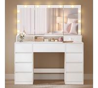 VASAGLE KAILYN Collection - Coiffeuse avec 3 Miroirs Pliables, 11 Ampoules, Multiprise, 9 Tiroirs, Éclairage 3 Couleurs, Table de Maquillage, Installation des Rails sans Outils, Blanc Nuage RDT146WB01