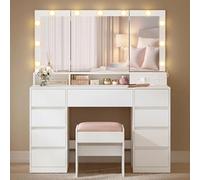 VASAGLE Kailyn Collection - Coiffeuse avec 3 Miroirs Pliables et Tabouret, 11 Ampoules, Multiprise, 9 Tiroirs, Éclairage 3 Couleurs, Installation des Rails sans Outils, Blanc Nuage RDT146WB01-01
