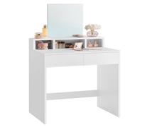VASAGLE KAILYN Collection - Coiffeuse avec Grand Miroir, Table de Maquillage, avec 2 Tiroirs et 3 Compartiments, Coin Beauté, Style Moderne, Blanc RDT103W01