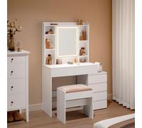 VASAGLE Kailyn Collection - Coiffeuse avec LED, 3 Luminosités Réglables, Table de Maquillage avec Miroir, Tiroirs, Compartiments Ouverts, Tabouret, Étagères Réglables, Moderne, Blanc Nuage RDT125W01
