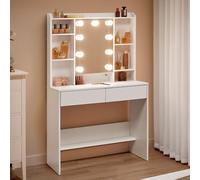 VASAGLE Kailyn Collection -Coiffeuse avec Lumières LED, 3 Tonalités et Luminosité Réglable, Table de Maquillage Moderne avec Miroir, 9 Ampoules, Étagères Réglables, Blanc Nuage RDT126WB01