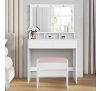 VASAGLE Kailyn Collection - Coiffeuse avec Miroir et Lumière, Table de Maquillage, avec Tiroirs, Rangement Bijoux, pour Chambre, avec Tabouret, Largeur de 80 cm, Blanc Nuage RDT720W01