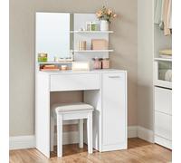 VASAGLE Kailyn Collection - Coiffeuse avec Miroir et Tabouret, Compartiment avec 2 Étagères Réglables, 1 Tiroir, 2 Étagères, Coin Beauté, Style Moderne, Blanc RDT719W01