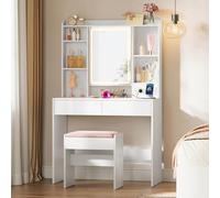 VASAGLE Kailyn Collection - Coiffeuse avec Miroir LED, 3 Couleurs, Luminosité Réglable, Multiprise, Table de Maquillage, Grand, Étagère de Rangement Réglable, 2 Tiroirs, Moderne, Blanc RDT143WB01