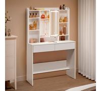 VASAGLE Kailyn Collection - Coiffeuse avec Miroir LED, 3 Couleurs, Luminosité Réglable, Table de Maquillage, Grand, Étagère de Rangement Réglable, 2 Tiroirs, Style Moderne, Blanc RDT123T14