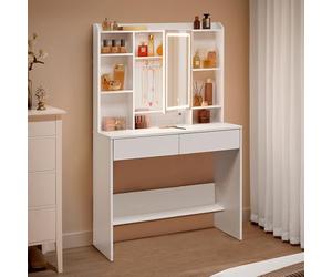 VASAGLE Kailyn Collection - Coiffeuse avec Miroir LED, 3 Couleurs, Luminosité Réglable, Table de Maquillage, Grand, Étagère de Rangement Réglable, 2 Tiroirs, Style Moderne, Blanc RDT123WB01