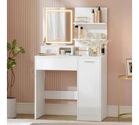 VASAGLE Kailyn Collection - Coiffeuse avec Miroir LED, avec Multiprise, Compartiment avec 2 Étagères Réglables, 1 Tiroir, 2 Étagères, Coin Beauté, Moderne, Blanc RDT138W01