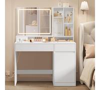 VASAGLE KAILYN Collection - Coiffeuse avec Miroir LED, Éclairage 3 Couleurs Réglable, Table de Maquillage, Largeur 110 cm, Tiroir, Multiprise, Rangement, Chambre, Style Moderne, Blanc Nuage RDT634WB01