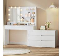 VASAGLE Kailyn Collection - Coiffeuse avec Miroir LED et Multiprise, 9 Ampoules, 8 Tiroirs, 3 Étagères, Éclairage 3 Couleurs, Modulable en Ligne ou en L, Table de Maquillage, Blanc Nuage RDT140WB01