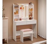 VASAGLE Kailyn Collection - Coiffeuse avec Miroir LED et Tabouret, 3 Couleurs, Luminosité Réglable, Table de Maquillage, Grand, Étagère Réglable, 2 Tiroirs, Style Moderne, Blanc RDT723W01