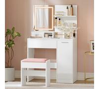 VASAGLE Kailyn Collection - Coiffeuse avec Miroir LED et Tabouret, avec Multiprise, Compartiment avec 2 Étagères Réglables, 1 Tiroir, 2 Étagères, Coin Beauté, Moderne, Blanc RDT738W01
