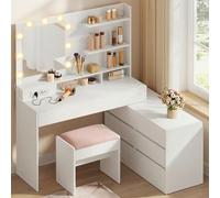 VASAGLE Kailyn Collection - Coiffeuse avec Miroir LED et Tabouret, Multiprise, 8 Tiroirs, 3 Étagères, Éclairage 3 Couleurs, Modulable en Ligne ou en L, Style Moderne, Blanc Nuage RDT140WB01-01