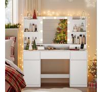 VASAGLE Kailyn Collection - Coiffeuse avec Miroir LED, Multiprise, 2 Placards, 9 Ampoules, Rangement Bijoux, Éclairage 3 Couleurs, Installation des Rails sans Outils, Blanc Nuage RDT142WB02