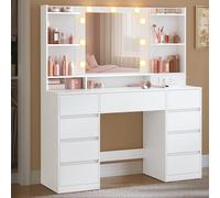 VASAGLE Kailyn Collection - Coiffeuse avec Miroir LED, Multiprise, 9 Tiroirs, 9 Ampoules, Rangement Bijoux, Éclairage 3 Couleurs, Installation des Rails sans Outils, Blanc Nuage RDT141WB02