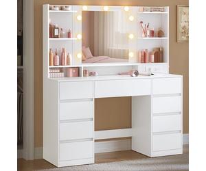 VASAGLE Kailyn Collection - Coiffeuse avec Miroir LED, Multiprise, 9 Tiroirs, 9 Ampoules, Rangement Bijoux, Éclairage 3 Couleurs, Installation des Rails sans Outils, Blanc Nuage RDT141WB02