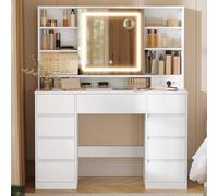 VASAGLE Kailyn Collection - Coiffeuse avec Miroir LED, Multiprise, 9 Tiroirs, Loupe 10x, Rangement Bijoux, Éclairage 3 Couleurs, Installation des Rails sans Outils, Blanc Nuage RDT137W01