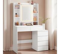 VASAGLE Kailyn Collection - Coiffeuse, Grand Miroir LED à Luminosité Réglable, Table de Maquillage, 40 x 97,5 x 145 cm, Compartiments Ouverts, Étagères Réglables, Moderne, Blanc Nuage RDT124W01