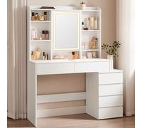 VASAGLE Kailyn Collection - Coiffeuse, Grand Miroir LED à Luminosité Réglable, Table de Maquillage, 40 x 117,5 x 145 cm, Compartiments Ouverts, Étagères Réglables, Moderne, Blanc Nuage RDT624W01