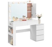 VASAGLE Kailyn Collection - Coiffeuse, Table de Maquillage avec Tiroir, avec Éclairage LED et Miroir, Armoire à Bijoux, Multiprise, 40 x 125 x 140 cm, Moderne, Blanc Nuage RDT127W01