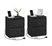 VASAGLE Kailyn Collection - Lot de 2, Table de Chevet avec Multiprise, Table d'Appoint, 2 Tiroirs, 2 Prises CA, 2 Ports USB-A, pour Salon, Chambre, Bureau, Moderne, Noir Boisé LET821B02