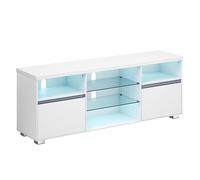 VASAGLE Kailyn Collection - Meuble TV avec LED, pour Les Téléviseurs Jusqu’à 70 Pouces, avec Étagères Ouvertes en Verre, 2 Placards avec Portes, 160 cm, Moderne, pour Salon, Chambre, Blanc LTV331T10