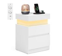VASAGLE Kailyn Collection - Table de Chevet, avec Multiprise, Couvercle Coulissant, 2 Tiroirs, Bande LED, Petite Table d’Appoint, Style Moderne, 35 x 40 x 55 cm, Blanc Neige LET640WB01