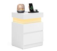 VASAGLE Kailyn Collection - Table de Chevet, avec Multiprise, Couvercle Coulissant, 2 Tiroirs, Bande LED, Petite Table d’Appoint, Style Moderne, 35 x 40 x 55 cm, Blanc Neige LET640WB01